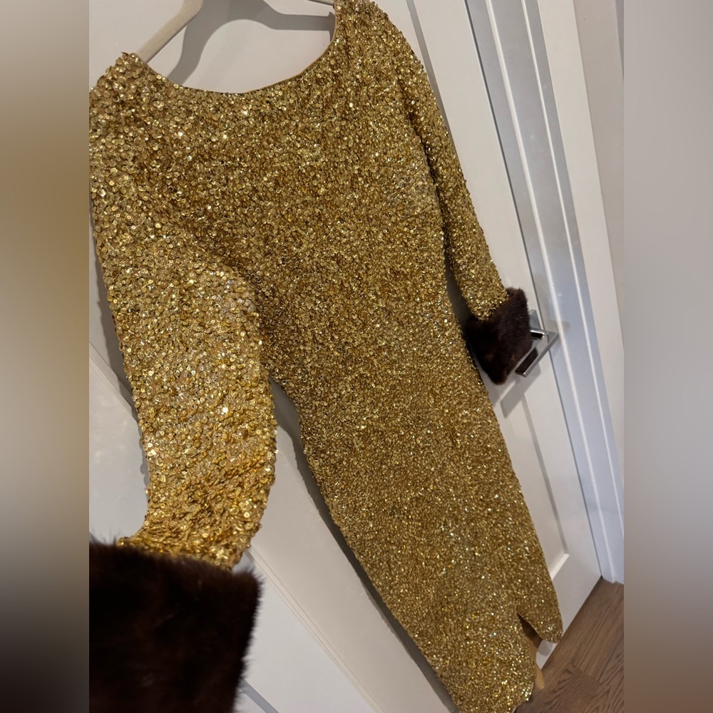 1960s Gene Shelly's Gold Sequin Keyhole Long Bell Sleeve Vintage Wool 60s Gown - Picture 9 of 17